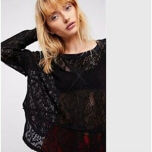 Free People "Not Cold In This Top," Black, Oversize, Comfy, Crochet, Lace, Sz XS